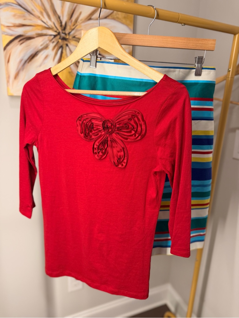 Women' Red Long-Sleeve Top with Bow Detail